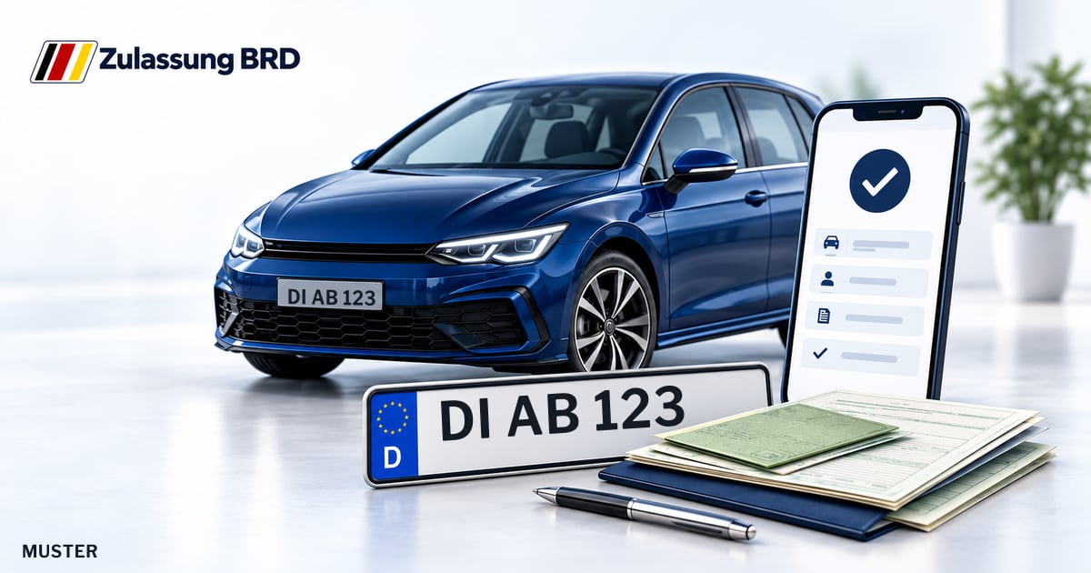 Online Fahrzeugzulassung in Dieburg: Musterkennzeichen DI AB 123, Auto und Fahrzeugpapiere und Smartphone. Illustration mit Logo von Zulassung BRD.
